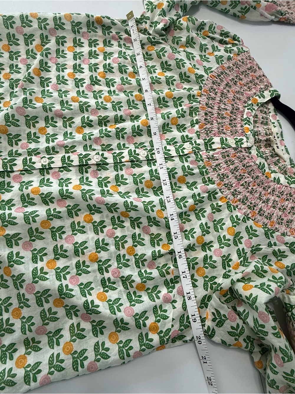 Boden Effie Smocked Split V-Neck Floral Top Long Sleeve Boho Green Pink Size 8 - Picture 10 of 14